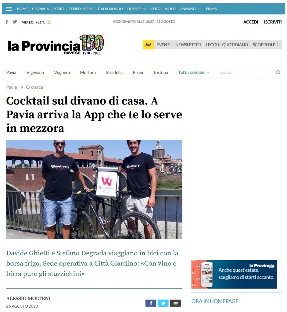 Cocktail sul divano di casa. A Pavia arriva la App che te lo serve in mezzora (La Provincia Pavese)