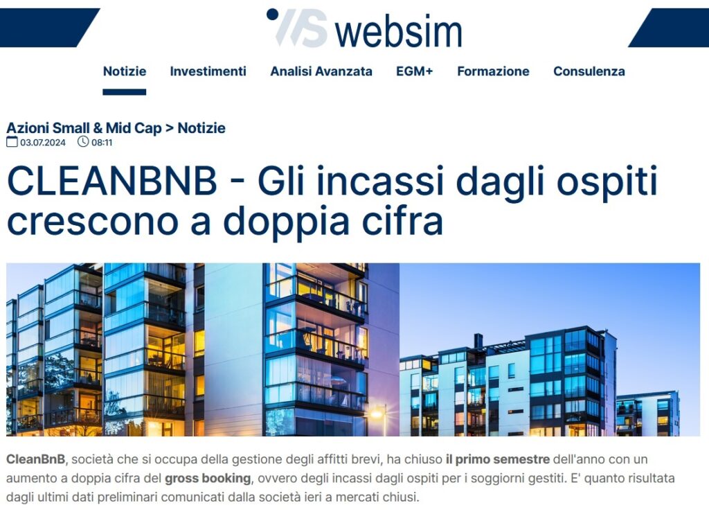 CLEANBNB - Gli incassi dagli ospiti crescono a doppia cifra (Websim)